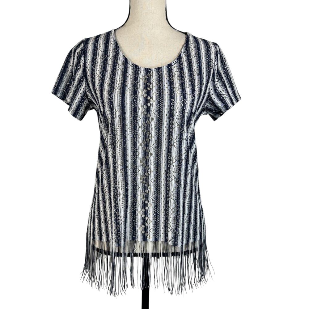 Chico’s SZ 0 (Small) Top Striped Fringe Crochet Sheer Short Sleeve Stretch Navy